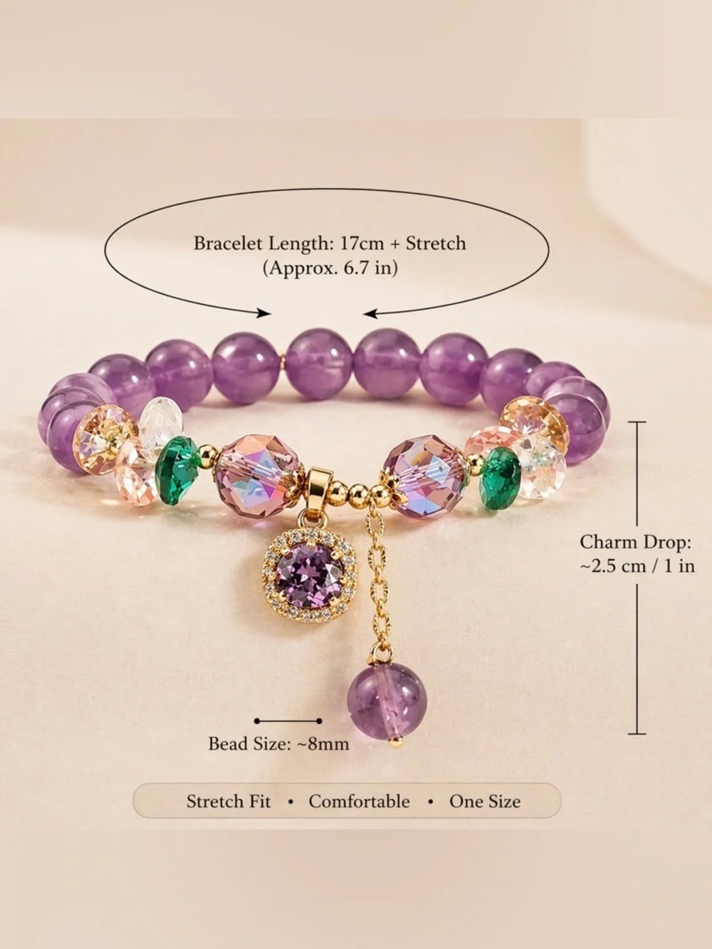 Bracelet Multi Crystal Charms Pueple Amerhyst Gold